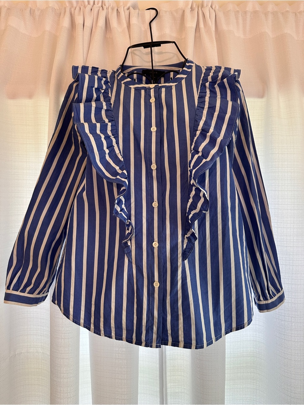 J. Crew Navy & White Vertical Stripe Ruffle Button-down Blouse